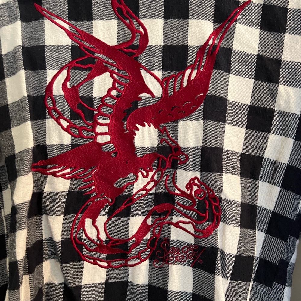 Sailor Jerry flannel shirt size small with embroidered eagle and anchor.